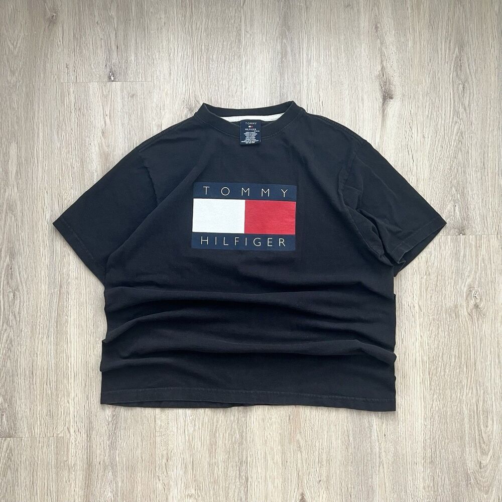 Tommy Hilfiger T-Shirt Mens Size M Black Flag Logo Regular Fit Short Sleeve Tee